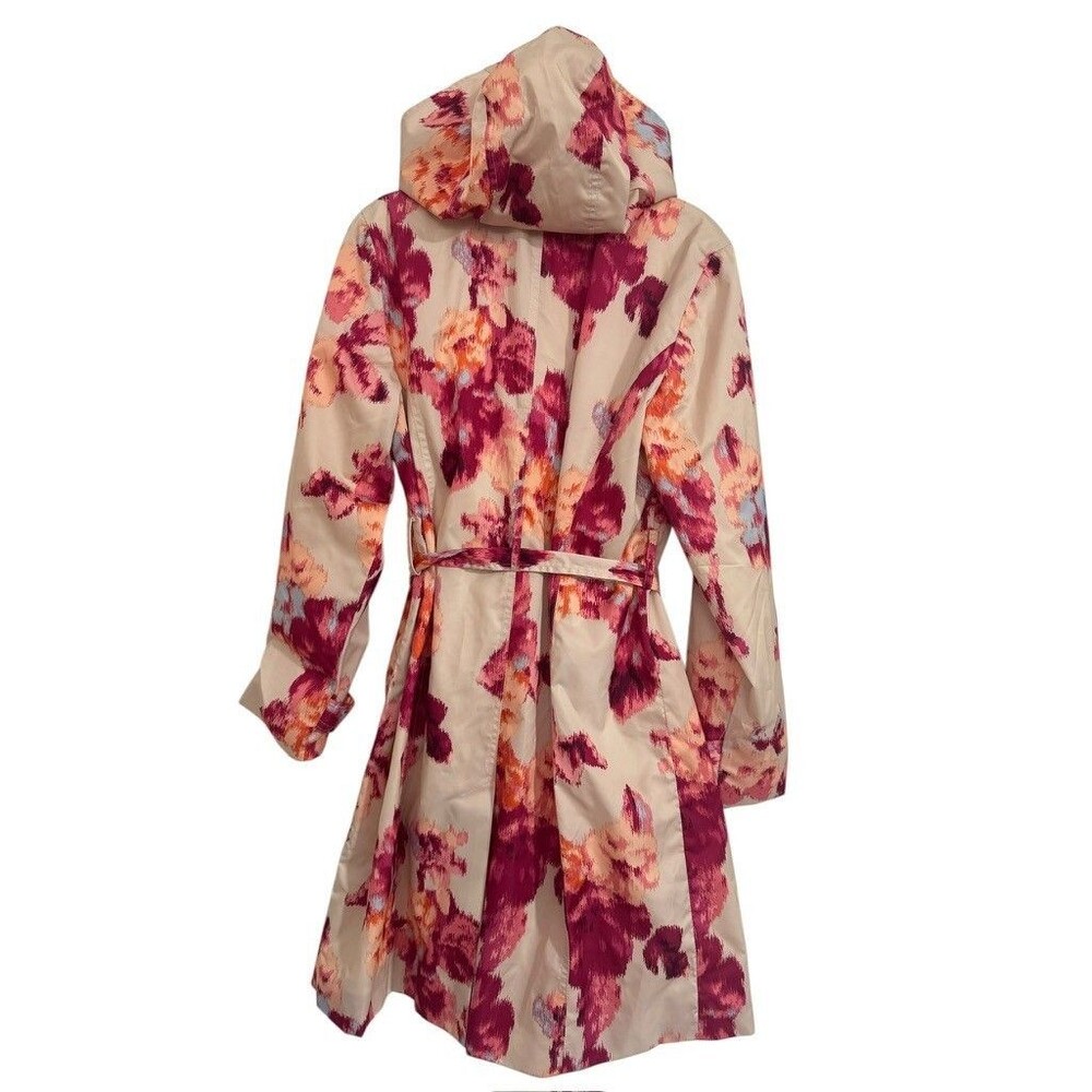 Chicos Trench Coat Womens 1 MEDIUM Floral Pockets Detachable Hoodie Button Front - Picture 4 of 13
